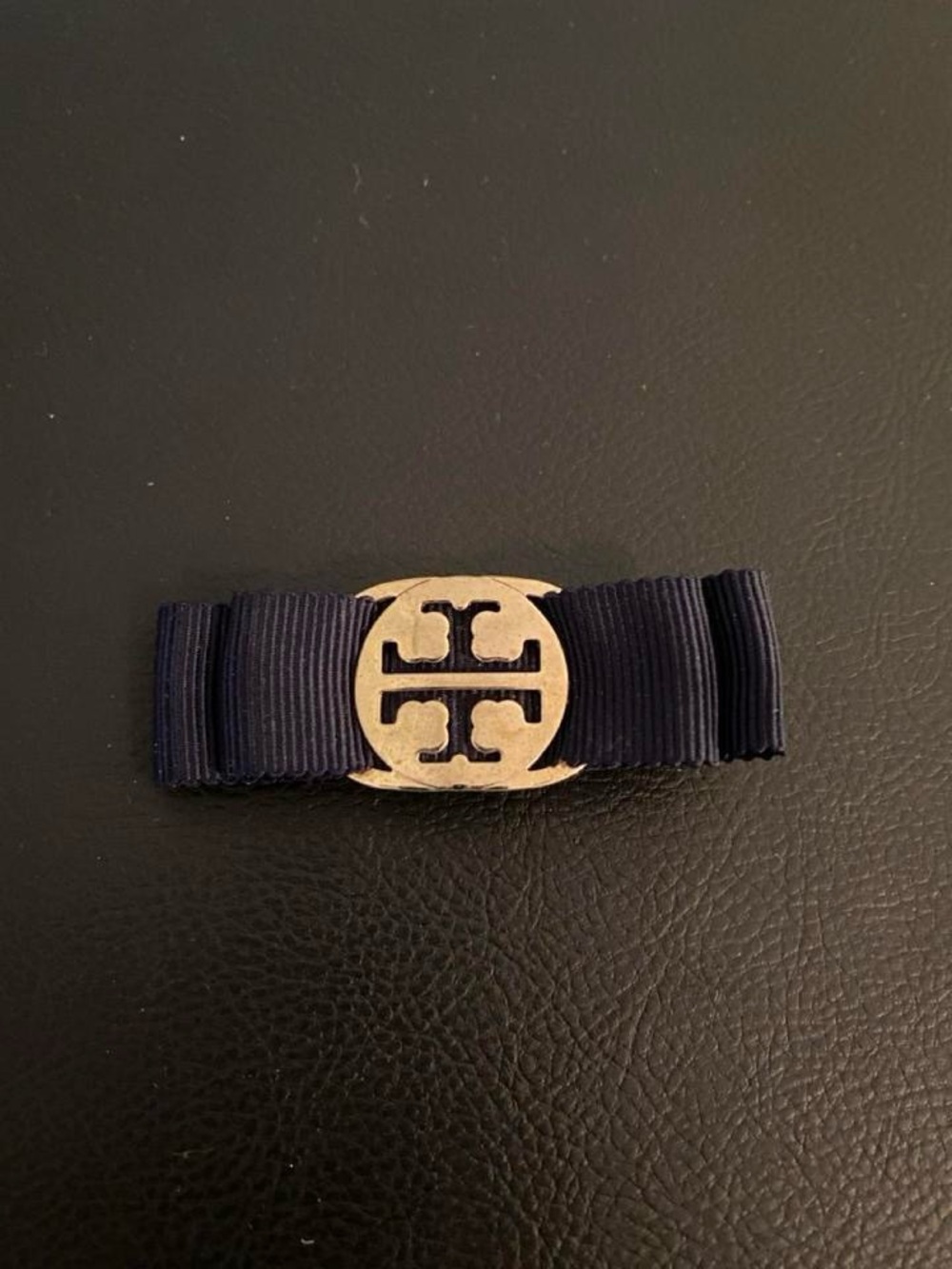 Tory Burch Navy Ribbon Hair Barrette with Gold Logo